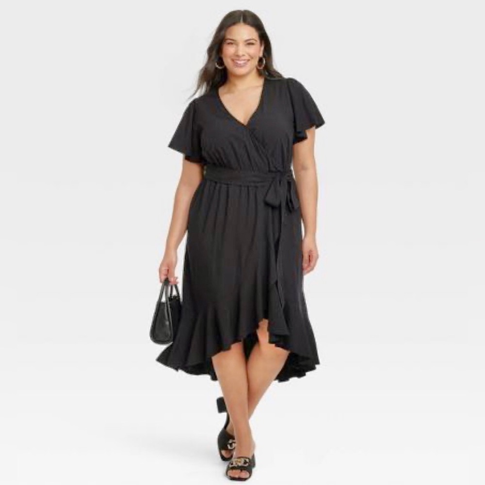 NWT Ava & Viv Flutter Sleeve Midi Black Wrap Dress Size XXL - Picture 6 of 16